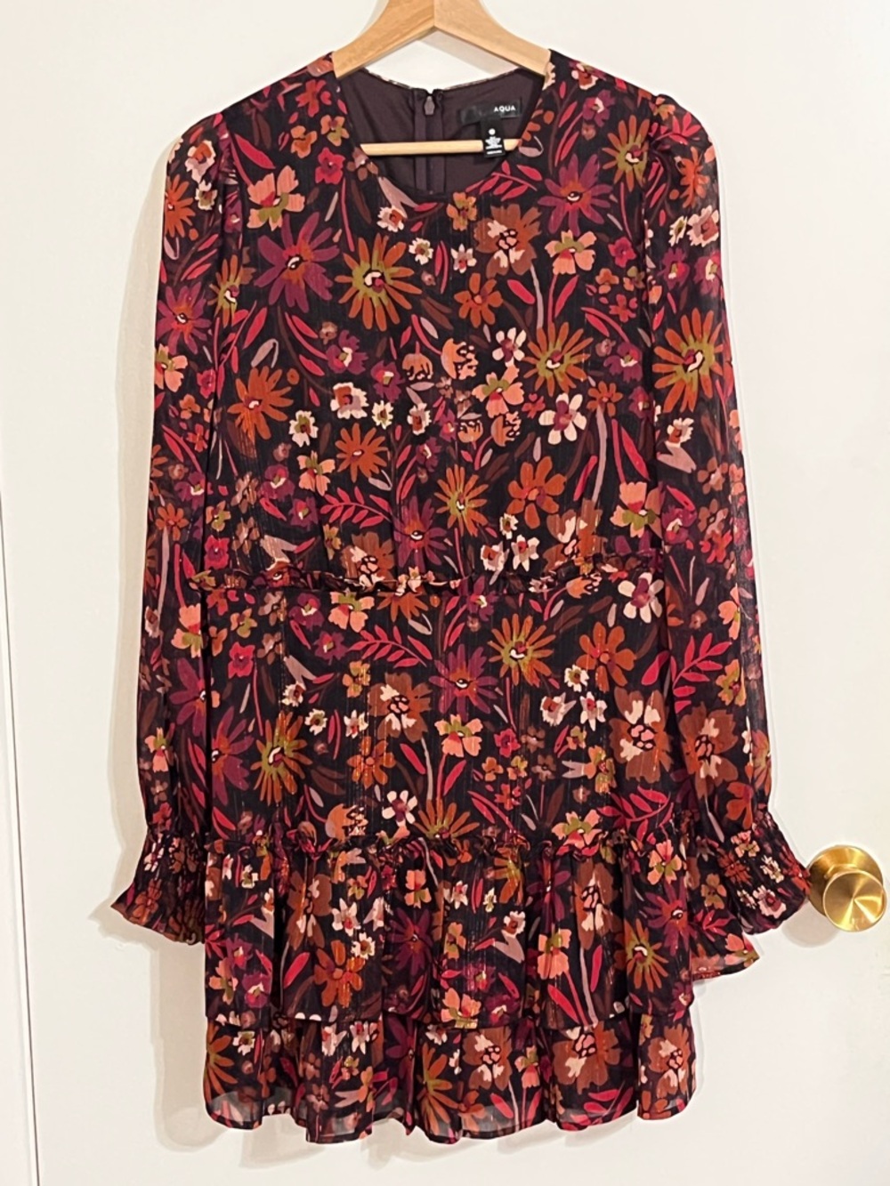 Aqua Burgundy Multi Floral Long-Sleeve Ruffle Mini Dress NWT